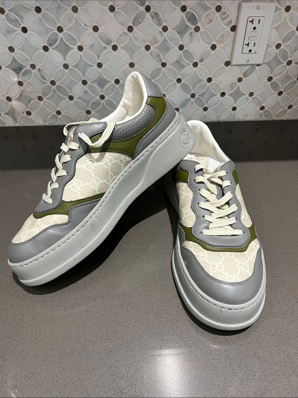 Gucci Cream Monogram Low-Top Sneakers with Gray & Olive Trim